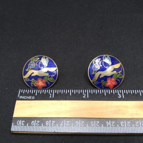Cloisonne Golden Brass Blue Enamel Post Earrings, Floral Butterfly Design, 1980s - Picture 8 of 9